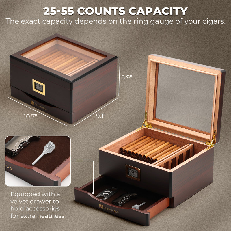 Slege Cigar Humidor, Humidors Cigars Box For Cuban Cigars,Glass-Top Humidor Spanish Cedar-Cigar Case,Single Layer,Humidor Humidifier,Divider,Hygrometer,Cigar Accessories(15-30 Cigars